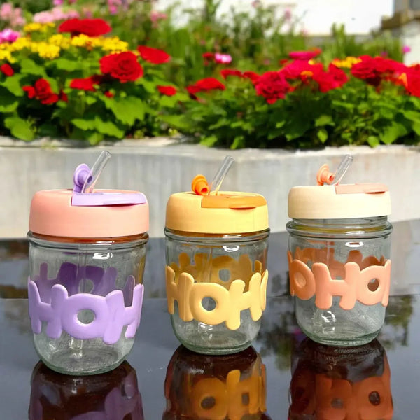 Personalised Hoho Printed Glass Tumbler with Lid and Straw - 450ml